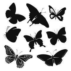 Butterflies silhouette: A collection of graceful butterfly silhouettes, captured in a minimalist style, perfect for various design applications and evoke a sense of delicate beauty and transformation.