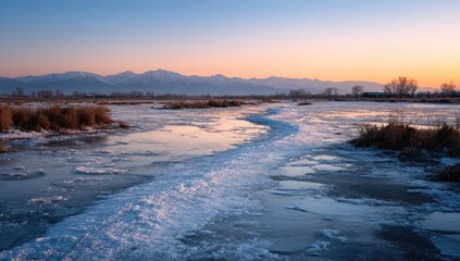 Frozen marsh at dawn, icy path
