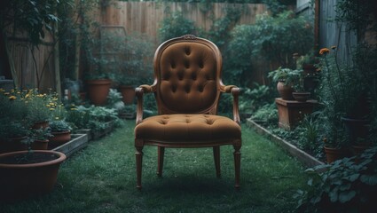 Chair in a garden with empty copy space for text, surrounded by plants and outdoor greenery.