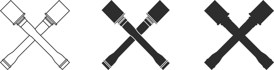 Set of icons of crossed German grenades from the Second World War, at an angle of 45 degrees, grenade icon symbolizing assault actions, icons in three versions, line, isolation, silhouette in black.