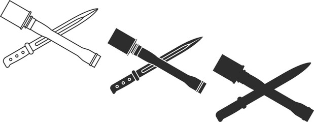 Obraz premium Set of icons of crossed grenades and assault knife at an angle of 60 degrees, icons in the form of a line, isolation and silhouette in black colors, icon symbol of an assault rifle and close combat.