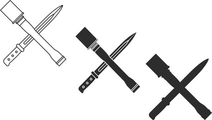 Set of icons of crossed grenades and assault knife at an angle of 45 degrees, icons in the form of a line, isolation and silhouette in black colors, icon symbol of an assault rifle and close combat.