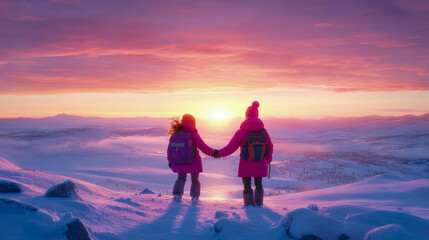 Winter Expedition: Two People Holding Hands Viewing Sunrise in Snow Landscape