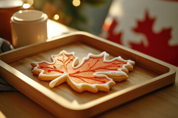 Canada Day: A close-up of a vibrant maple leaf-shaped gingerbread cookies with red and white icing on a rustic wooden tray Canadian flag bunting in the background.