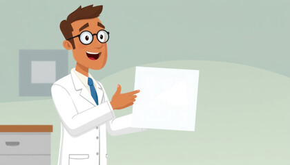 Male doctor in white coat presenting a blank sheet of paper with friendly smile in modern clinic setting