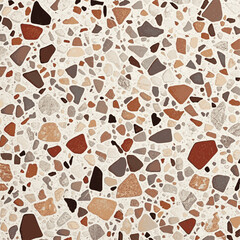 Vibrant Terrazzo Texture, A seamless terrazzo floor multicolored reds, browns, grays, beiges, off-whites light beige cream background vector texture.