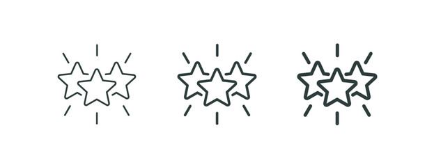 Premium 3 stars, shining excellence award, outline icons. Line signs sparkling three five-pointed stars with rays. Vector isolated pictograms for web and app on white background editable stroke.