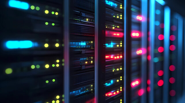 Row of network servers with glowing LED lights.