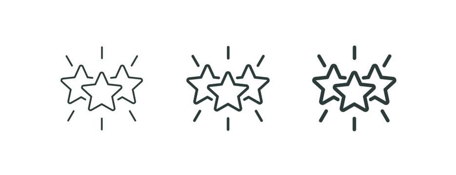 Premium 3 stars, shining excellence award, outline icons. Line signs sparkling three five-pointed stars with rays. Vector isolated pictograms for web and app on white background editable stroke.