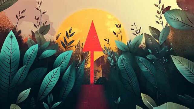 Vibrant illustration of a red arrow pointing upward amidst lush green foliage and a glowing sunset