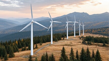 Wind turbines on a hill with trees and mountains in the background.