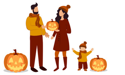 A family of three shares joyful moments during autumn, dressed in cozy scarves and hats, while carving pumpkins for Halloween. The child joyfully engages, surrounded by festive decor
