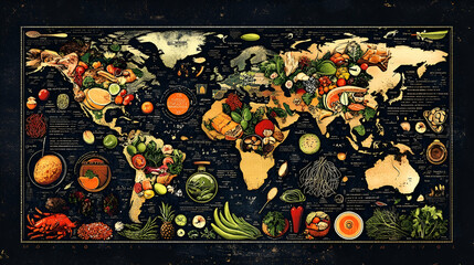 Global food map showcasing diverse cuisines around the world.