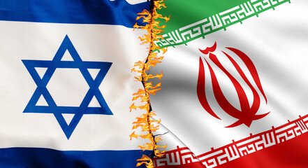 Iran vs Israel war. Israel vs Iran attacking arrows concept flags. Iran and Israel political conflict, economy, war crisis, relationship, trade concept. Muslims vs Jews war.