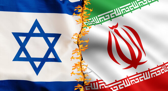 Iran vs Israel war. Israel vs Iran attacking arrows concept flags. Iran and Israel political conflict, economy, war crisis, relationship, trade concept. Muslims vs Jews war.