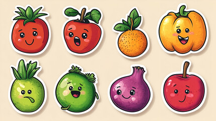 Cute cartoon fruit and vegetable stickers with expressive faces.