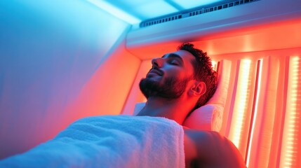 Man Relaxing Under Red and Blue Light Therapy for Skin Rejuvenation Treatment