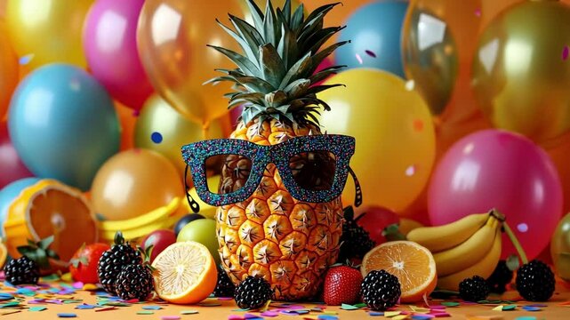 Pineapple party with sunglasses surrounded by colorful balloons and fruit. Happy Purim