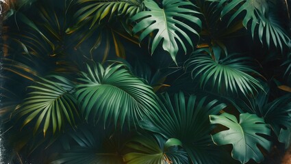 Tropical Leaves, Dark Green Foliage, Abstract Nature Background with Empty Copy Space for Text