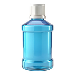 Blue mouthwash in clear plastic bottle with white cap, realistic 3D render, hygiene container isolated -  on white background..PNG