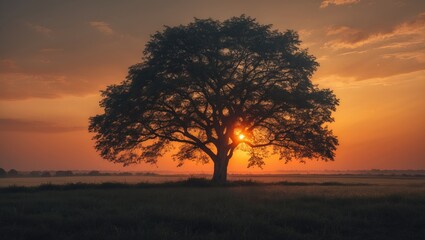 Fototapeta premium A tree at sunset with an orange sky and open field