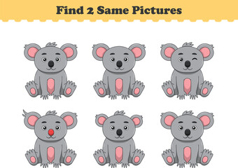 Funny cartoon koala. Find two same pictures. Educational game for children. Cartoon vector illustration