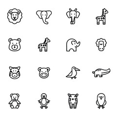 Simple black line drawings showcase a set of cute animals on a white background