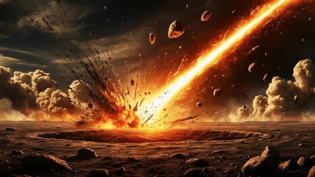 Blazing meteor crashes into Earth, lighting up the sky and symbolizing cosmic danger and celestial power. Ideal for space, science fiction, and apocalyptic themes.