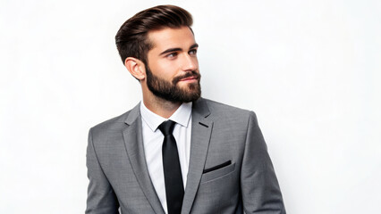 Stylish man in gray suit with tie, looking confidently to side.