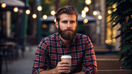 Hipster man with beard sits outdoors, holding coffee cup, surrounded by warm lights.
