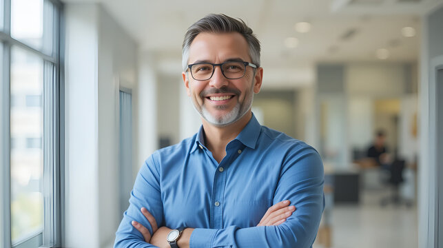 A smiling middle-aged man with glasses wears a blue shirt, arms crossed in a bright setting