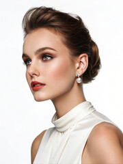 Elegant woman with pearl earrings and soft makeup on white background, showcasing beauty.