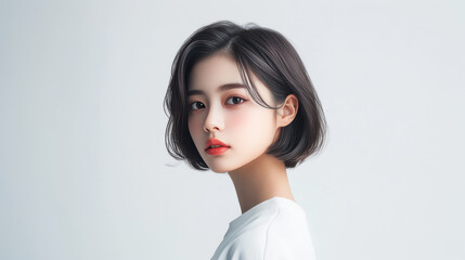 young Asian woman with short hair, soft makeup, and neutral expression.