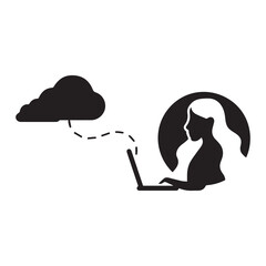 Minimal black cloud computing illustration with woman user.