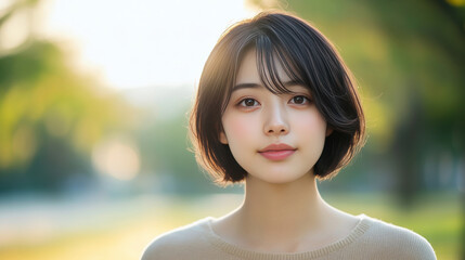 young Japanese woman with short hair, smiling softly in sunlit park, exuding calmness and warmth.