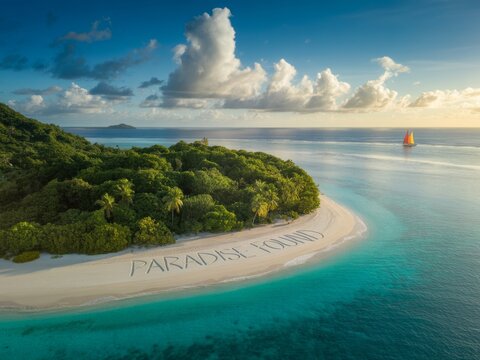 Tropical island paradise found beach sunset sailboat