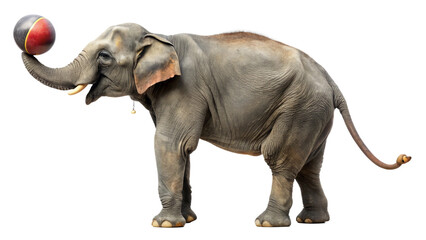 circus elephant balancing ball on trunk with isolated on white background