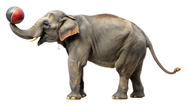 circus elephant balancing ball on trunk with isolated on white background