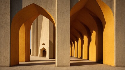 Sunlight streams through arched walkways of a light beige structure,  highlighted by warm yellow arches