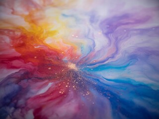 Vibrant rainbow abstract fluid art gold glitter