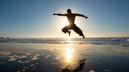 A young man jumps in the air on a beach during sunset, creating a dynamic and energetic scene