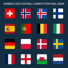 Women's 2025 Football competition teams square flag icons with rounded corners