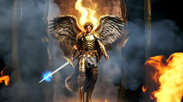 A powerful Angel wearing his armor and sword in the war against evil