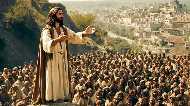 Jesus Christ next to the crowd preaching by parables the Word of God