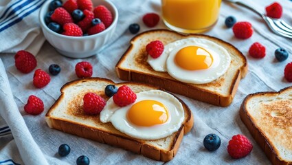 American breakfast with perfectionism and minimalism. Uncooked bread toasts on tablecloth background. Food pop art photography.