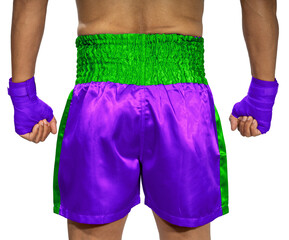Back side of Male boxer raises his guard and stands below, wearing Purple Muay Thai shorts, Purple...