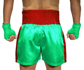 Back side of Male boxer raises his guard and stands below, wearing Green Muay Thai shorts, Green...
