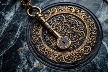 Fototapeta premium Detailed Close-Up of Ornate Lock and Key on Decorative Marble Surface