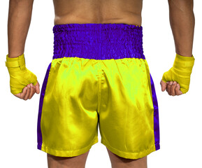 Back side of Male boxer raises his guard and stands below, wearing Green Yellow Thai shorts, Yellow...