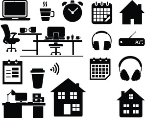 Black silhouette icon set for National Work From Home Day